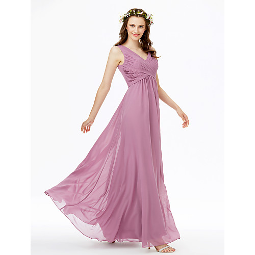 

Sheath / Column V Neck Floor Length Chiffon Bridesmaid Dress with Criss Cross / Pleats / Open Back