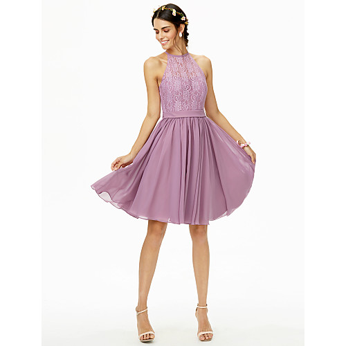 

A-Line Jewel Neck Knee Length Chiffon / Lace Bridesmaid Dress with Lace / Sash / Ribbon / Pleats / See Through