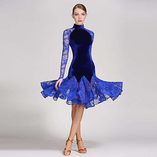 

Latin Dance Dress Draping Women's Performance Long Sleeve Natural Lace Velvet
