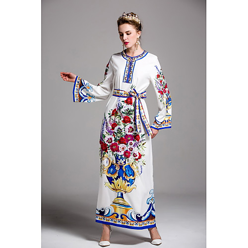 

Women's Jalabiya Maxi long Dress White Long Sleeve Print Spring Summer Round Neck Party Going out Floral S M L XL