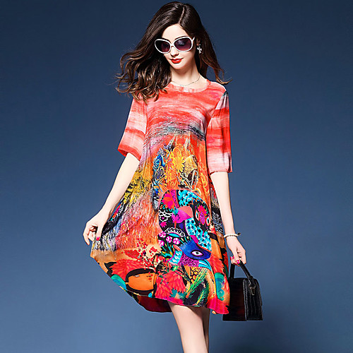 

Women's Loose Knee Length Dress Red Short Sleeve Graphic Print Summer V Neck Streetwear M L XL XXL