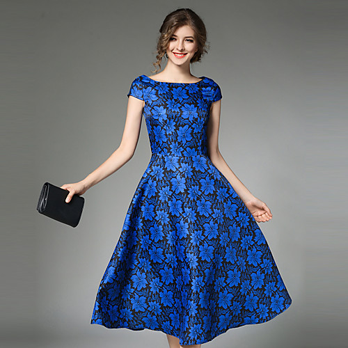 

Women's A Line Dress Midi Dress Blue Short Sleeve Patchwork Vintage Style Retro Print All Seasons Round Neck Vintage Streetwear Sophisticated Party Going out S M L XL XXL