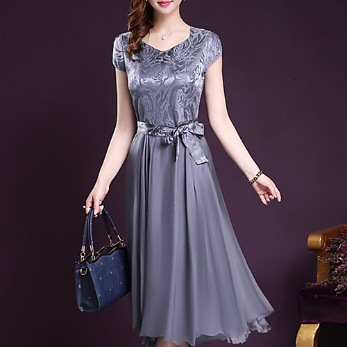 

Women's Chiffon Dress Midi Dress Blue Wine Gray Short Sleeve Solid Colored Bow Summer V Neck Going out M L XL XXL 3XL 4XL / Plus Size / Plus Size