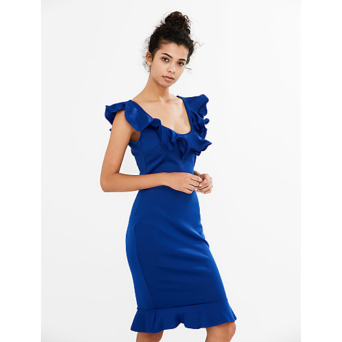 

Women's Bodycon Knee Length Dress Blue Yellow Blushing Pink Sleeveless Solid Colored Ruffle Summer V Neck Off Shoulder S M L XL