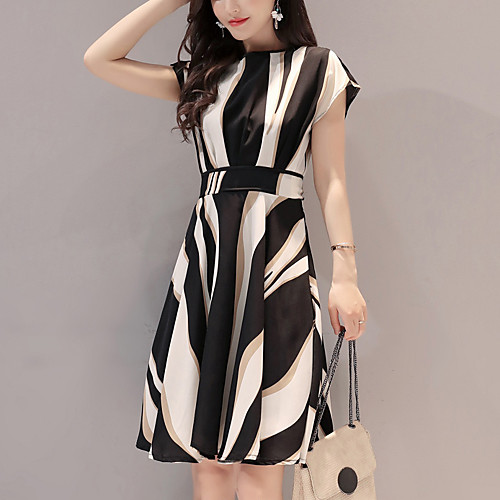 

Women's A Line Dress Knee Length Dress Black Short Sleeve Striped Print Summer Round Neck M L XL XXL 3XL
