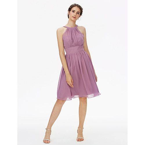 

A-Line Jewel Neck Knee Length Chiffon Bridesmaid Dress with Sash / Ribbon / Pleats