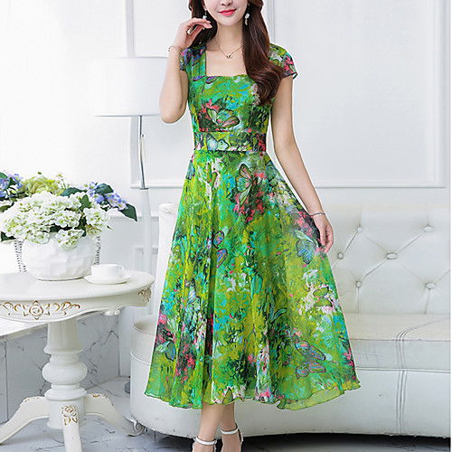 

Women's Chiffon Dress Maxi long Dress Yellow Fuchsia Green Short Sleeve Floral Print Summer Square Neck Boho Floral S M L XL XXL 3XL 4XL / Plus Size