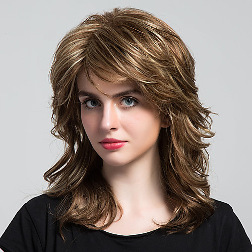 

Human Hair Blend Wig Medium Length Curly Layered Haircut With Bangs Berry Curly Side Part Machine Made Women's Chestnut Brown / Bleach Blonde