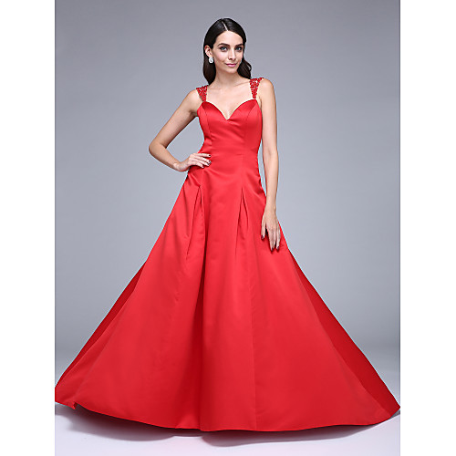 

A-Line See Through Prom Formal Evening Dress Straps Sleeveless Court Train Satin with Beading 2021