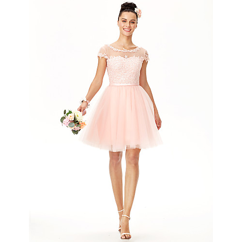 

Ball Gown Jewel Neck Knee Length Tulle / Corded Lace Bridesmaid Dress with Sash / Ribbon / Pleats / Appliques