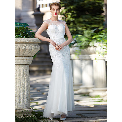 

Mermaid / Trumpet Wedding Dresses Illusion Neck Floor Length Tulle Sleeveless Sparkle & Shine with Sash / Ribbon Beading Sequin 2021