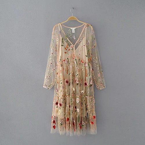 

Women's Loose Midi Dress White Beige 3/4-Length Sleeve Floral Embroidered Fall Spring V Neck Sophisticated Cotton Embroidery S M L