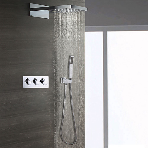 

Contemporary Wall Mounted Rain Shower Handshower Included Ceramic Valve Three Handles Three Holes Shower Faucet