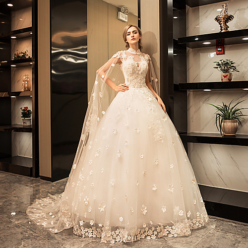 

Ball Gown Wedding Dresses High Neck Floor Length Lace Over Tulle Cap Sleeve with Crystal Lace Appliques 2021