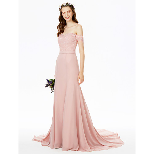 

Sheath / Column Off Shoulder Sweep / Brush Train Chiffon / Floral Lace Bridesmaid Dress with Lace / Sash / Ribbon / See Through