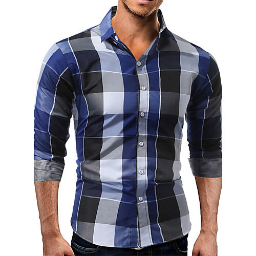 

Men's Shirt Check Long Sleeve Daily Tops Cotton Blue Red