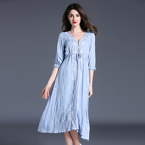 

Women's Loose Knee Length Dress Black Blue Patchwork Vintage Style All Seasons V Neck Vintage Streetwear Sophisticated