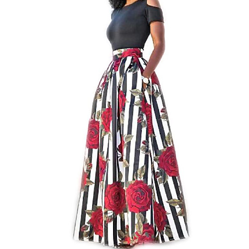 

Women's Two Piece Dress Maxi long Dress Black Short Sleeve Floral Striped Print Summer Round Neck Cotton Floral S M L XL XXL
