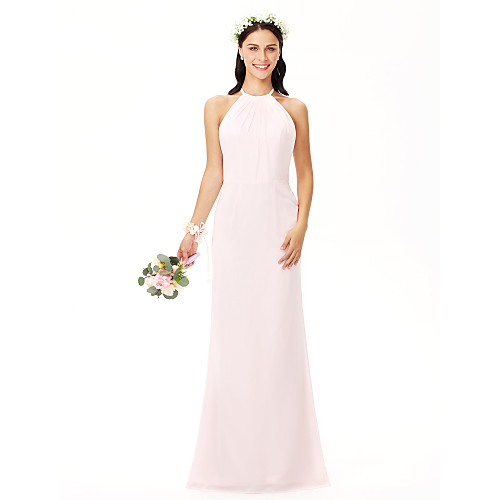 

Sheath / Column Jewel Neck Floor Length Chiffon Bridesmaid Dress with Pleats