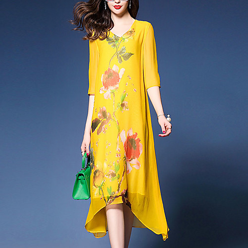 

Women's Loose Midi Dress Black Red Yellow Floral Print Summer V Neck Streetwear Boho Floral M L XL XXL