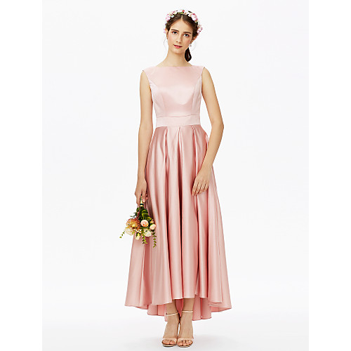 

A-Line Bateau Neck Asymmetrical Satin Bridesmaid Dress with Sash / Ribbon / Pleats