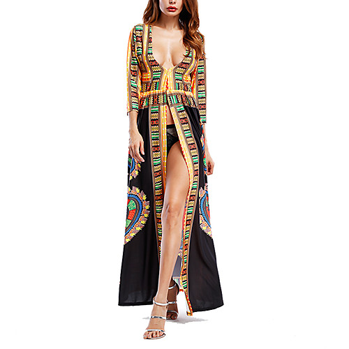 

Women's Loose Maxi long Dress Black Red Geometric Summer Deep V Boho Bohemia Beach S M L XL XXL