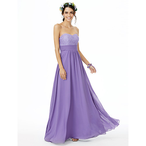 

A-Line Sweetheart Neckline Floor Length Chiffon / Lace Bridesmaid Dress with Lace / Sash / Ribbon / Ruched / Open Back