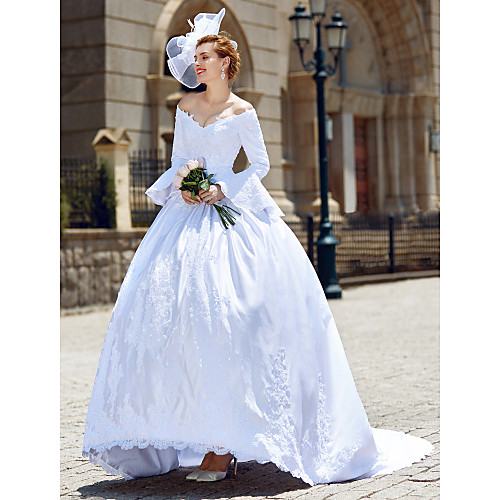 

Ball Gown Wedding Dresses V Neck Chapel Train Satin Long Sleeve with Beading Appliques 2021