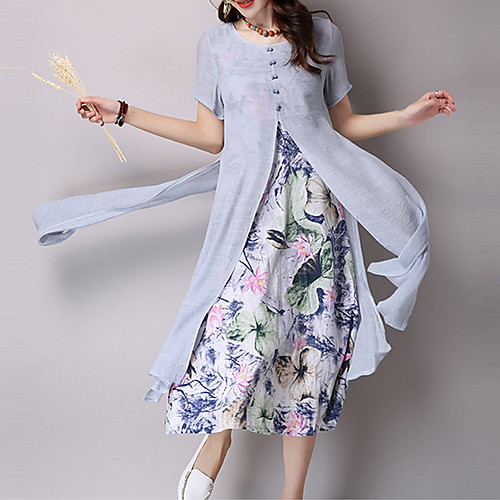 

Women's Sheath Dress Knee Length Dress Green Gray Short Sleeve Floral Print Round Neck Sophisticated Floral M L XL XXL