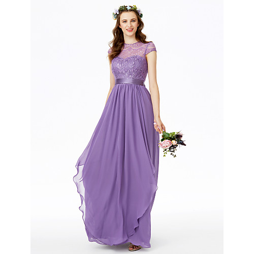 

A-Line Jewel Neck Floor Length Chiffon / Floral Lace Bridesmaid Dress with Lace / Sash / Ribbon / Bow(s)