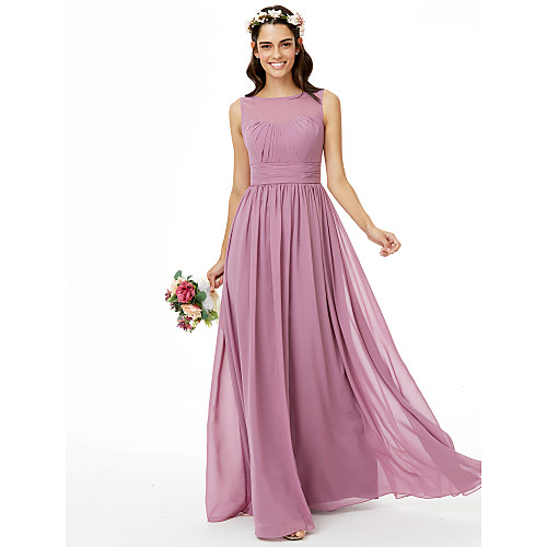 

A-Line Jewel Neck Floor Length Chiffon Bridesmaid Dress with Sash / Ribbon / Pleats / Ruched / Open Back