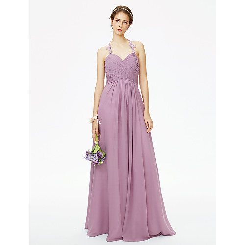 

A-Line Halter Neck Floor Length Chiffon / Corded Lace Bridesmaid Dress with Pleats / Ruched / Appliques