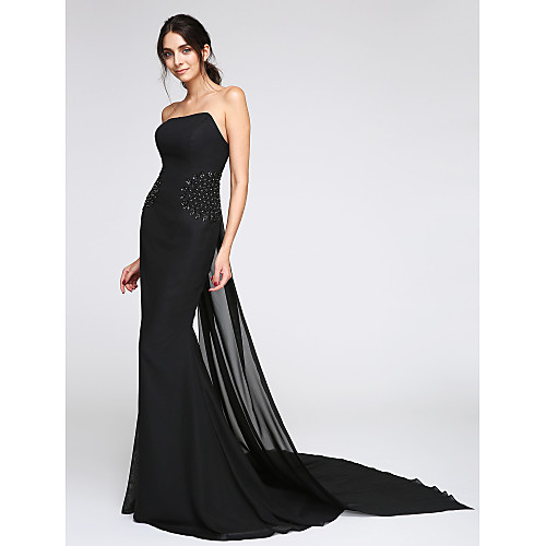 

Mermaid / Trumpet Minimalist Elegant Holiday Cocktail Party Formal Evening Dress Strapless Sleeveless Watteau Train Chiffon with Beading 2021