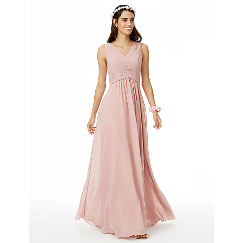 

A-Line V Neck Floor Length Chiffon Bridesmaid Dress with Criss Cross / Pleats