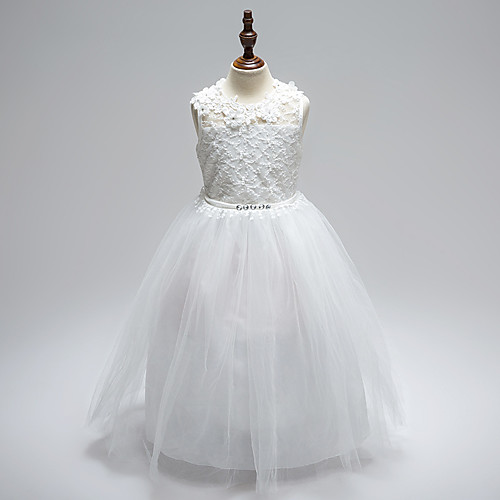 

Ball Gown Floor Length Wedding / First Communion Flower Girl Dresses - Lace / Tulle Sleeveless Jewel Neck with Sash / Ribbon / Bow(s) / Appliques / Open Back