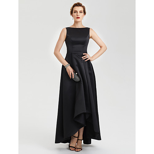 

A-Line Minimalist Elegant High Low Prom Formal Evening Dress Boat Neck Sleeveless Asymmetrical Satin with Pleats 2021