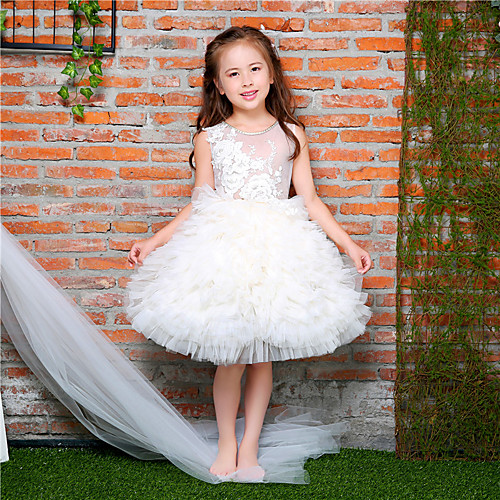 

Ball Gown Knee Length Lace / Satin / Tulle Sleeveless Jewel Neck with Bowknot / Beading / Appliques