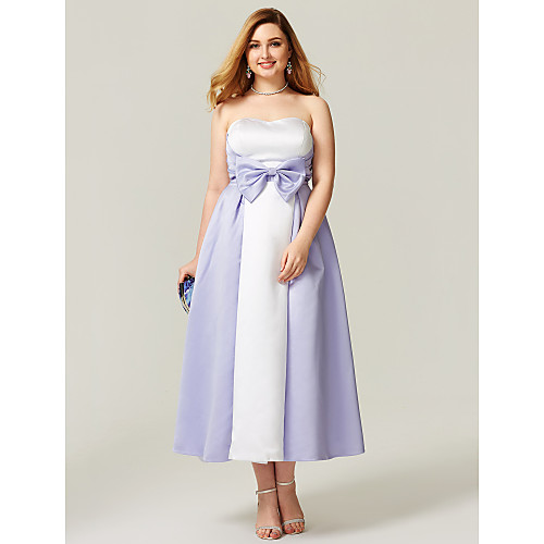

A-Line Plus Size White Prom Formal Evening Dress Strapless Sleeveless Ankle Length Satin with Bow(s) Pattern / Print 2021