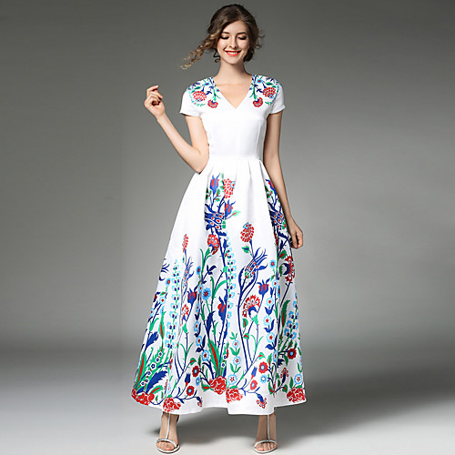 

Women's A Line Dress Maxi long Dress White Short Sleeve Patchwork V Neck Vintage Streetwear Sophisticated Party Going out Floral S M L XL XXL