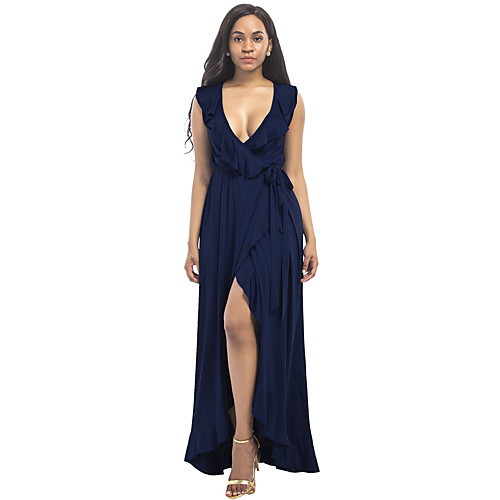 

Women's Sheath Dress Maxi long Dress White Black Red Royal Blue Navy Blue Light Blue Sleeveless Solid Colored Ruffle Summer Deep V Split L XL XXL 3XL / Plus Size