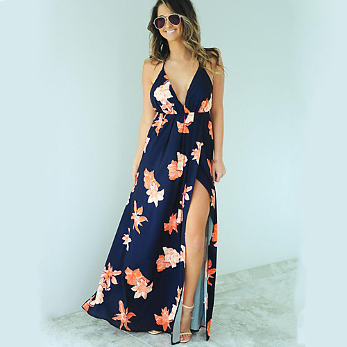 

Women's Strap Dress Maxi long Dress Royal Blue Sleeveless Floral Chiffon Summer Boho Backless S M L XL