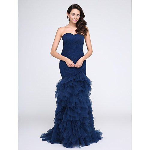 

Mermaid / Trumpet Elegant Formal Evening Black Tie Gala Dress Sweetheart Neckline Sleeveless Sweep / Brush Train Tulle with Ruched Cascading Ruffles 2021