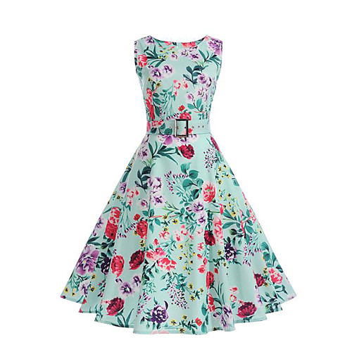 

Women's Swing Dress Knee Length Dress Light Green Sleeveless Floral Pleated Summer Round Neck Vintage Streetwear Floral S M L XL