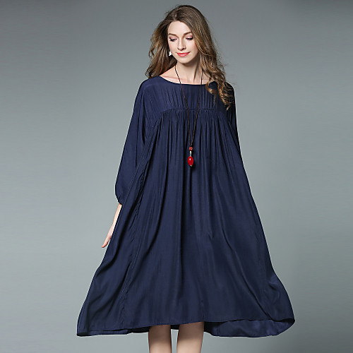 

Women's Loose Midi Dress Black Blue Gray 3/4 Length Sleeve Solid Colored Fall Spring Round Neck Casual Boho Bohemia Beach