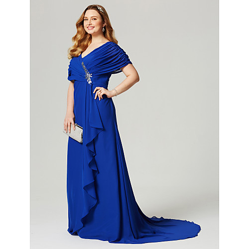 

A-Line Mother of the Bride Dress Plus Size Elegant Open Back V Neck Court Train Chiffon Short Sleeve with Criss Cross Pleats Crystals 2021
