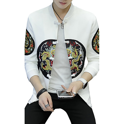 

Men's Animal Embroidered Active Fall Jacket Regular Daily Long Sleeve Spandex Coat Tops White