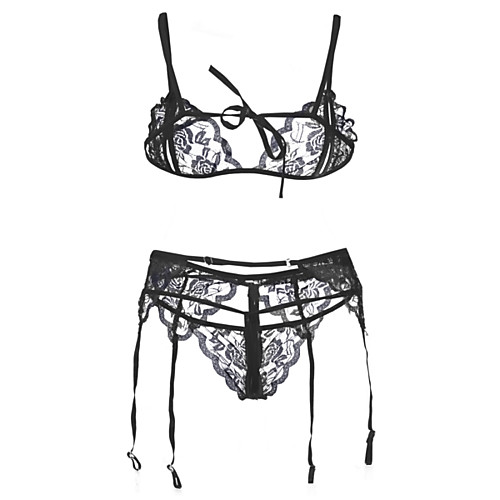 

Women's Lace Wireless Padless Triangle Cup Bra & Panty Set Solid Colored Lace White Black Red