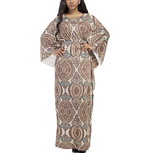 

Women's Loose Maxi long Dress Purple Red Khaki Gray Long Sleeve Tribal Ruffle Print Spring Summer Round Neck Boho Boho Bohemia Beach L XL XXL 3XL / Plus Size