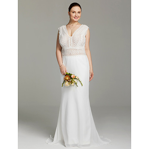 

Mermaid / Trumpet Wedding Dresses V Neck Sweep / Brush Train Chiffon Lace Sleeveless Open Back See-Through with Lace 2021