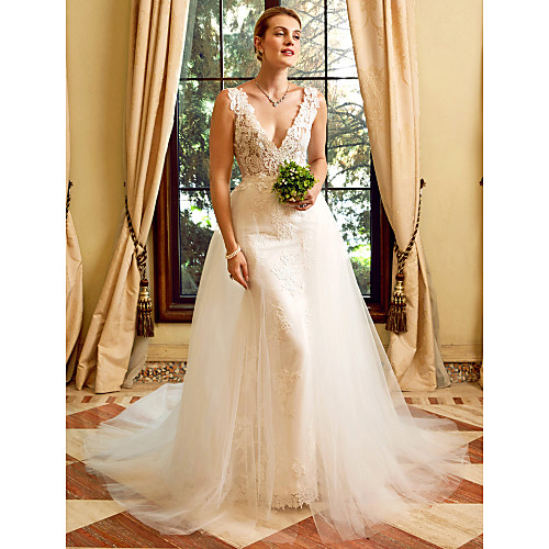 

Sheath / Column Wedding Dresses V Neck Chapel Train Lace Tulle Regular Straps See-Through with Appliques 2021 / Removable train